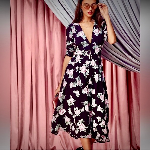 Free People LOVE OF MY LIFE Deep Vee Button Up Floral Black and Pink Midi Dress - Picture 2 of 11